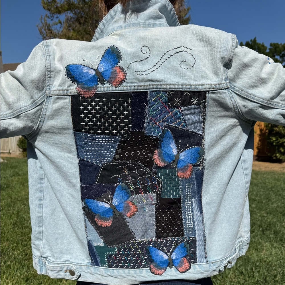 One-of-a-Kind Sashiko Boro Denim Jacket with Butterfly Appliqué | Hand-stitch